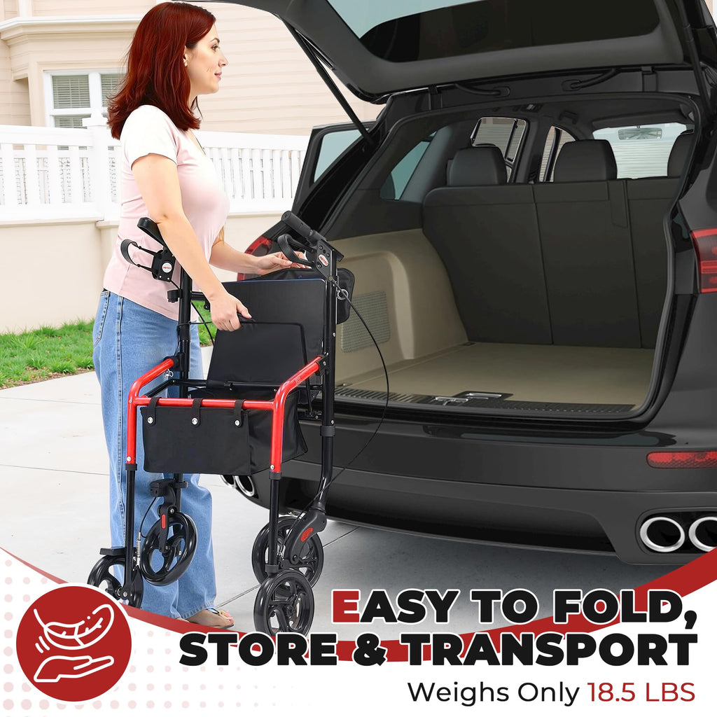 Foldable Lightweight Rolling Walker with Seat, 8" Wheels, 300 lb. Capacity, Red I3145