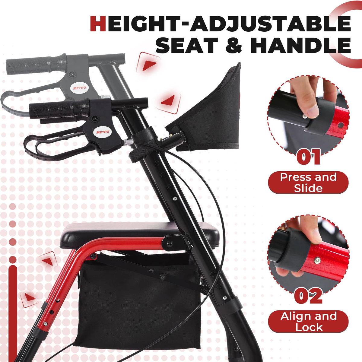 Foldable Lightweight Rolling Walker with Seat, 8" Wheels, 300 lb. Capacity, Red I3145