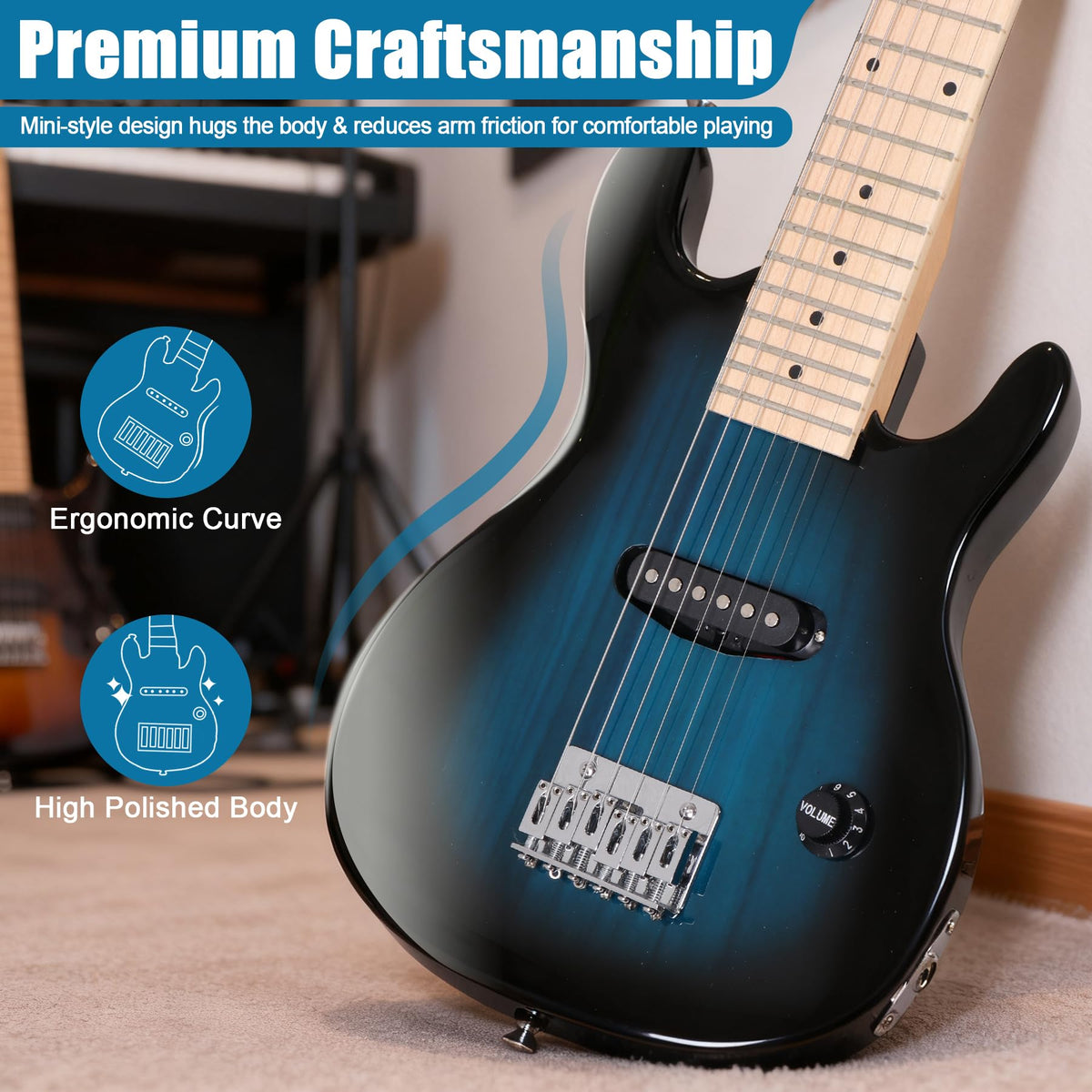 30 Inch Blue Solid Wood Electric Guitar Starter Kit with Amplifier P16416