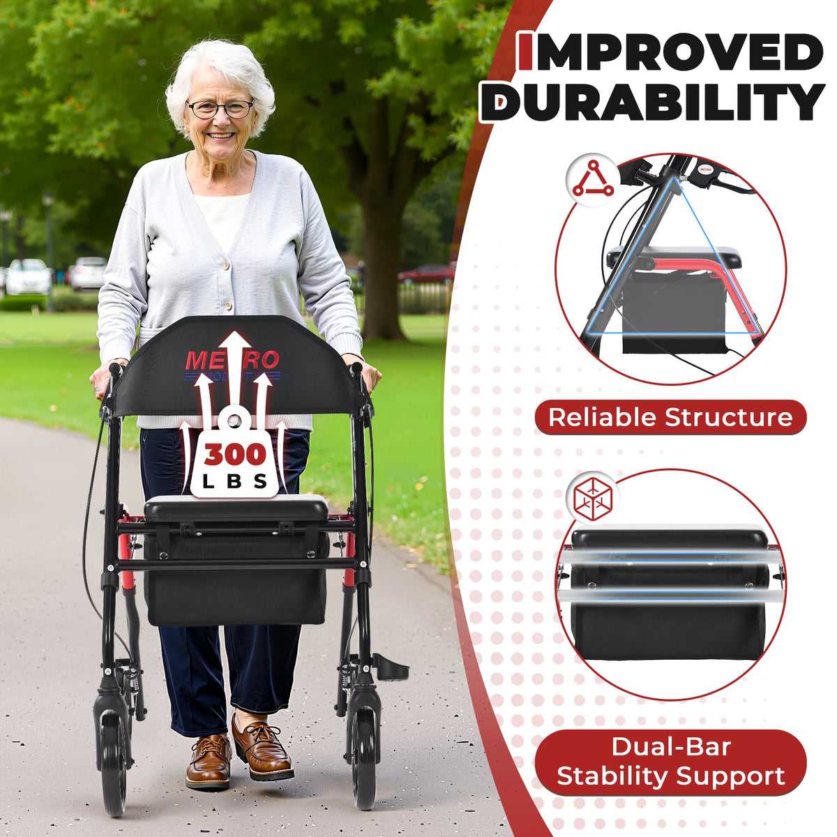 Foldable Lightweight Rolling Walker with Seat, 8" Wheels, 300 lb. Capacity, Red I3145