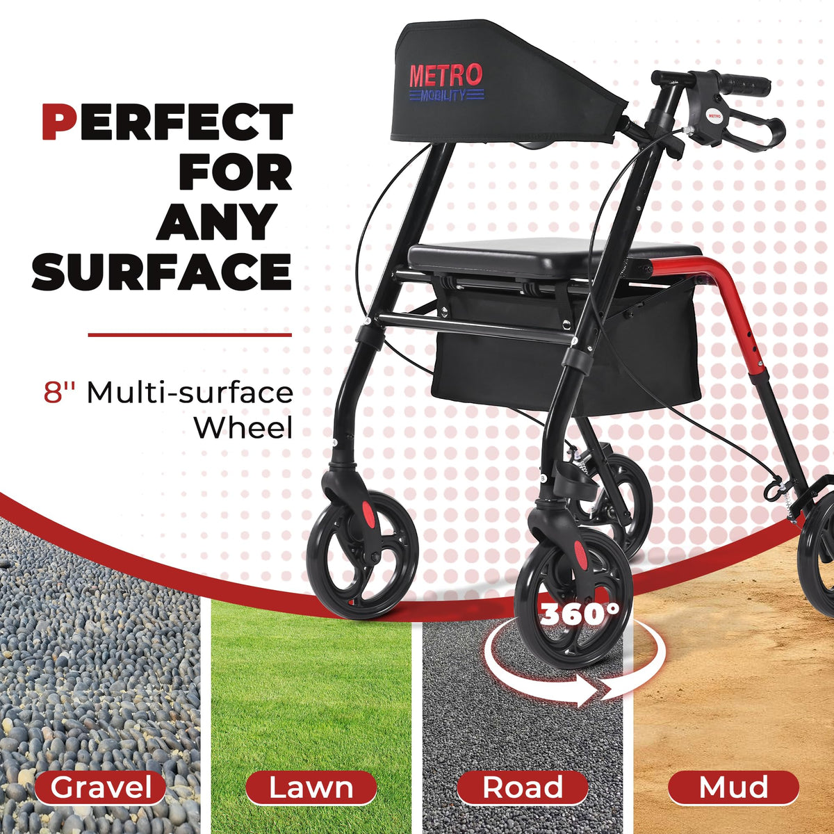 Foldable Lightweight Rolling Walker with Seat, 8" Wheels, 300 lb. Capacity, Red I3145