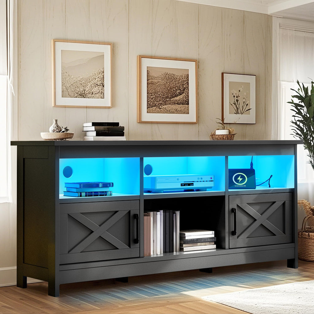 Black TV Stand with Power Outlet and LED Light C695526