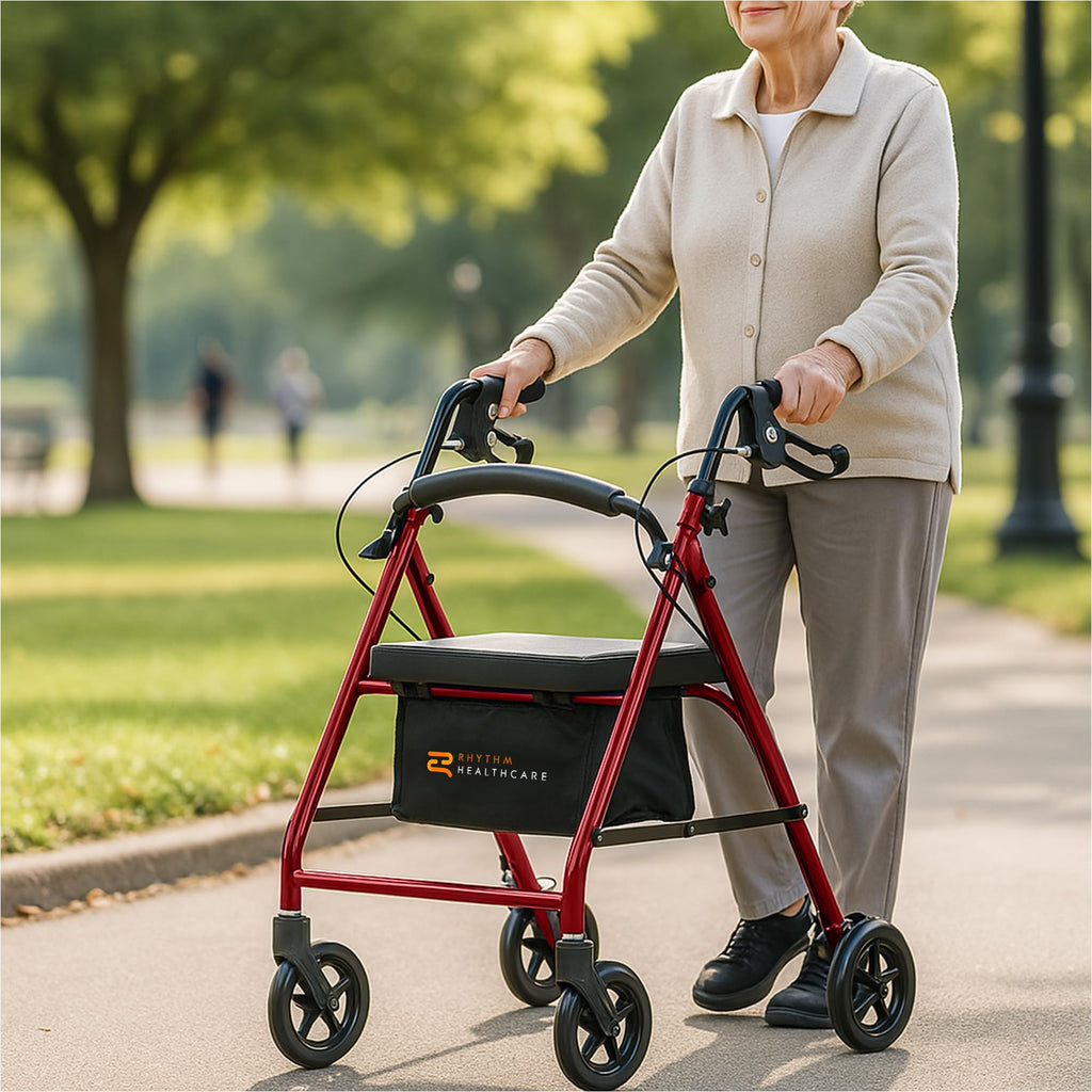 Red Aluminum 4 Wheel Rollator with Padded Seat B2708