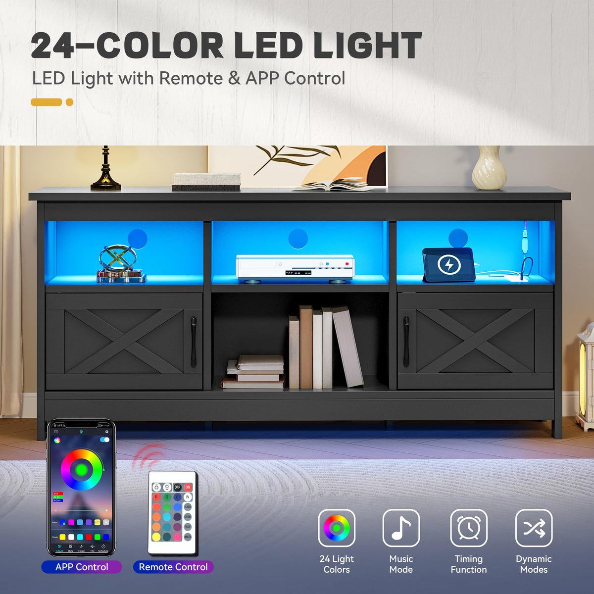 Black TV Stand with Power Outlet and LED Light C695526