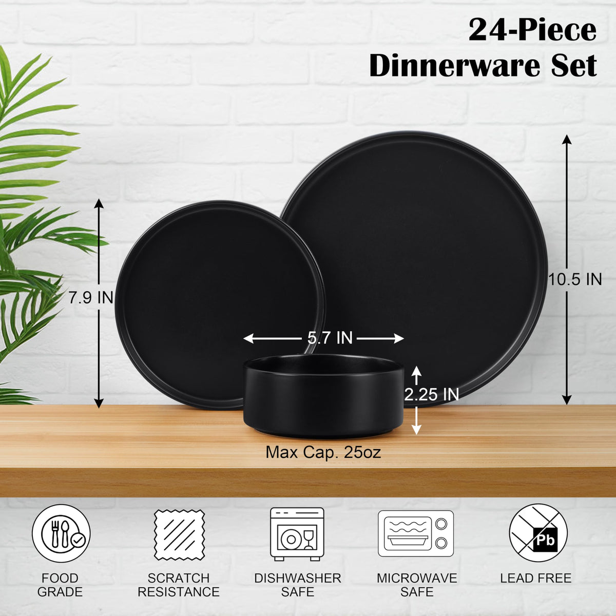 Black 24-Piece Stoneware Dinnerware Set for 8 N195456