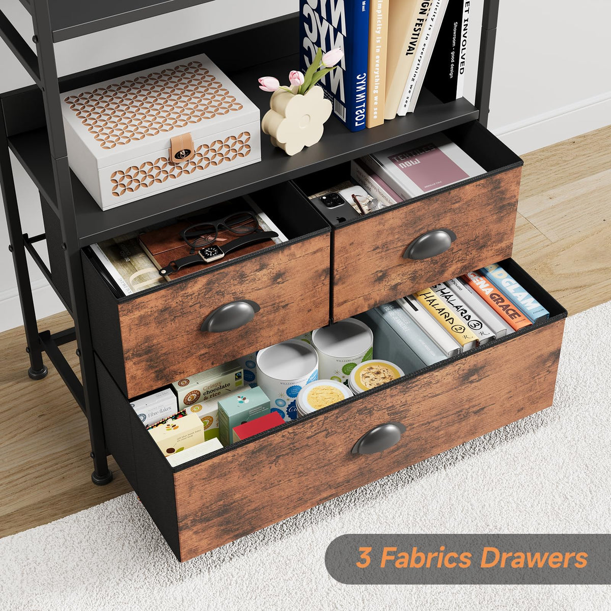 47-Inch 6 Tier Wood and Metal Bookshelf with 3 Fabric Drawers A897