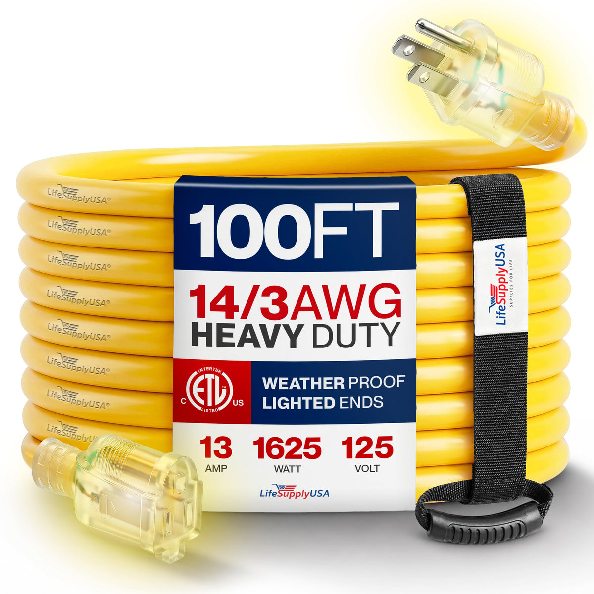 100ft Outdoor/Indoor Extension Cord 14/3 Gauge Heavy Duty 3 Prong SJTW Yellow T81603