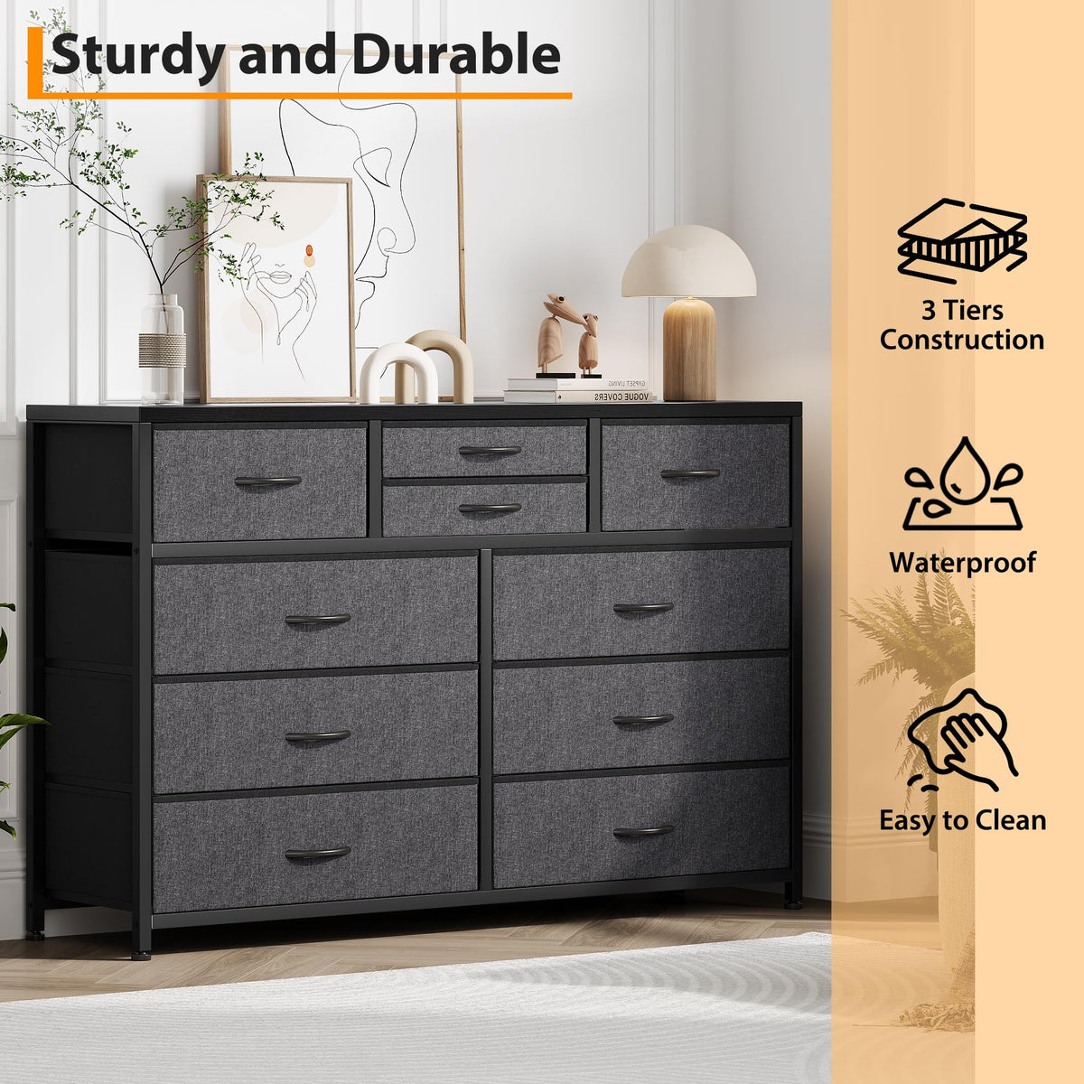 10 Drawer Fabric Dresser with Wood Top G887