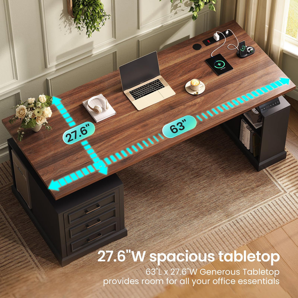 63" Farmhouse Electric Standing Desk with 3 Drawers R28165