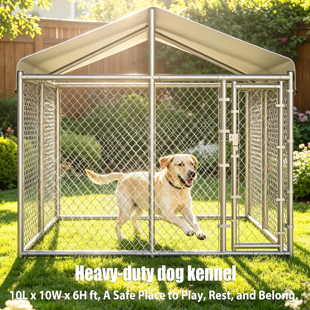 10 x 10 x 6.56 ft Galvanized Chain Link Dog Kennel with Roof N119283