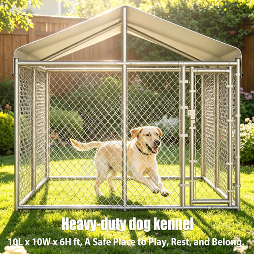 10 x 10 x 6.56 ft Galvanized Chain Link Dog Kennel with Roof N119283