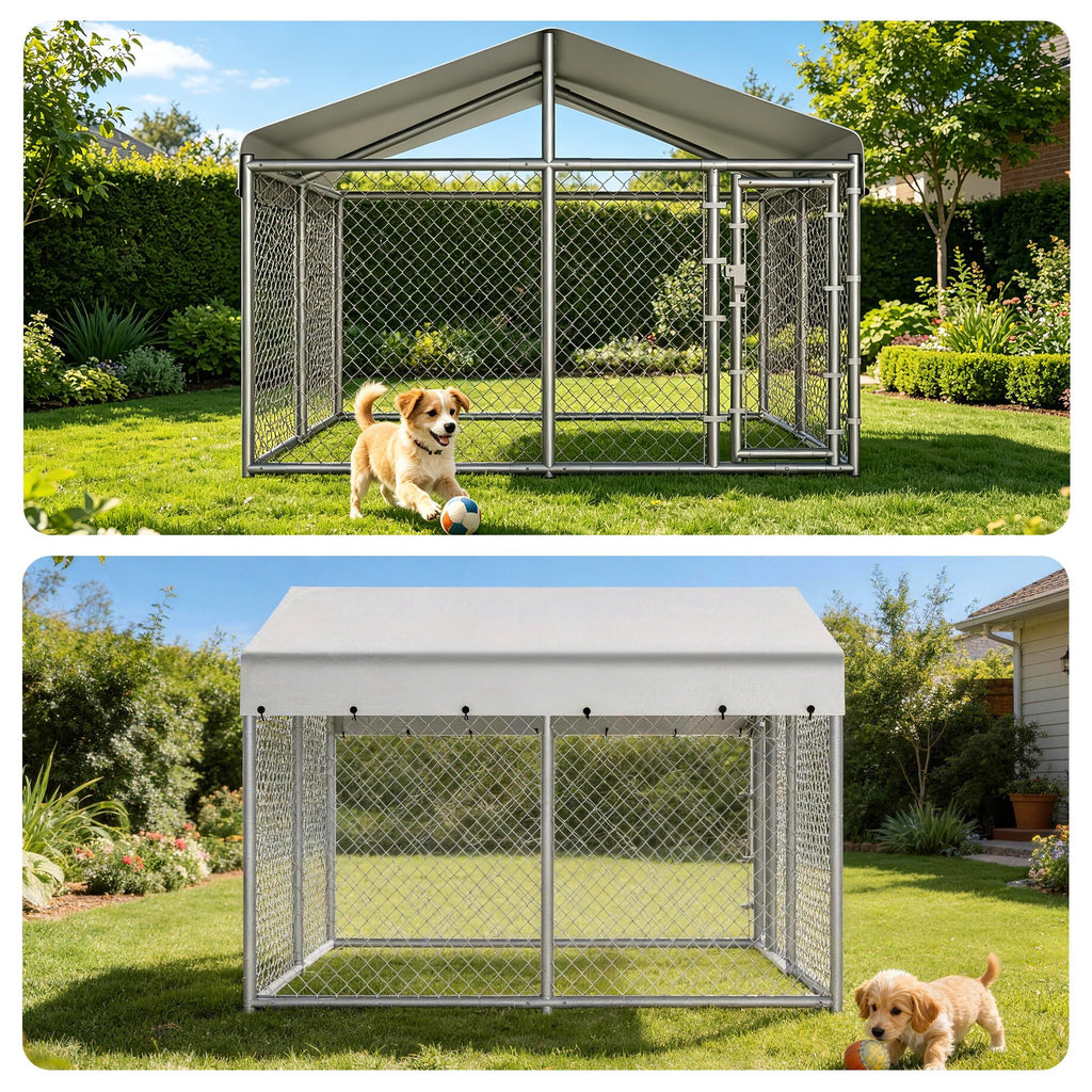 10 x 10 x 6.56 ft Galvanized Chain Link Dog Kennel with Roof N119283