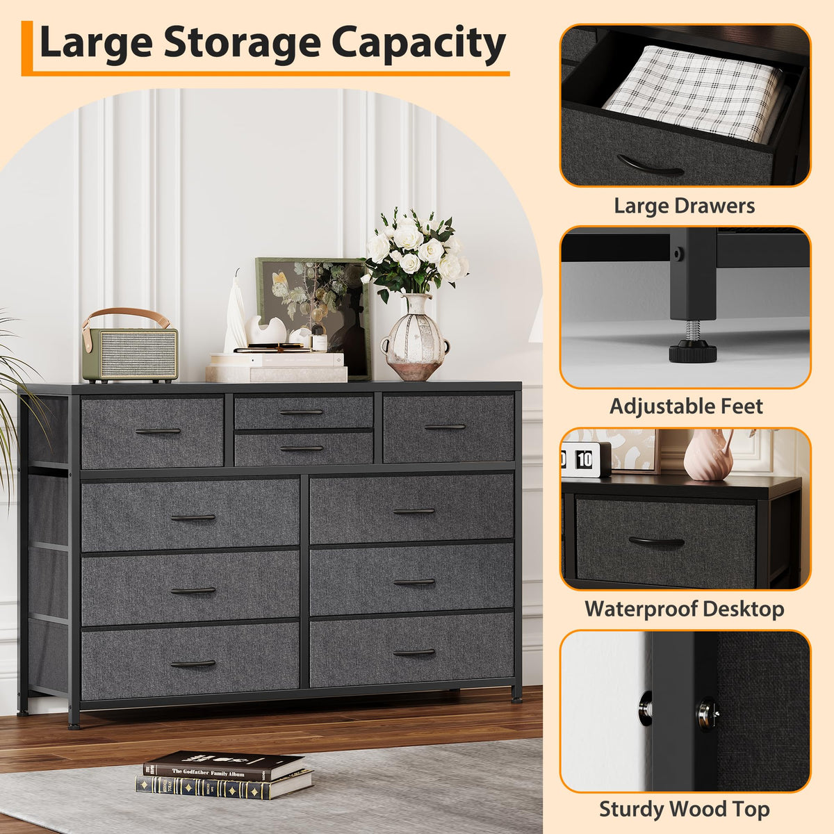 10 Drawer Fabric Dresser with Wood Top G887