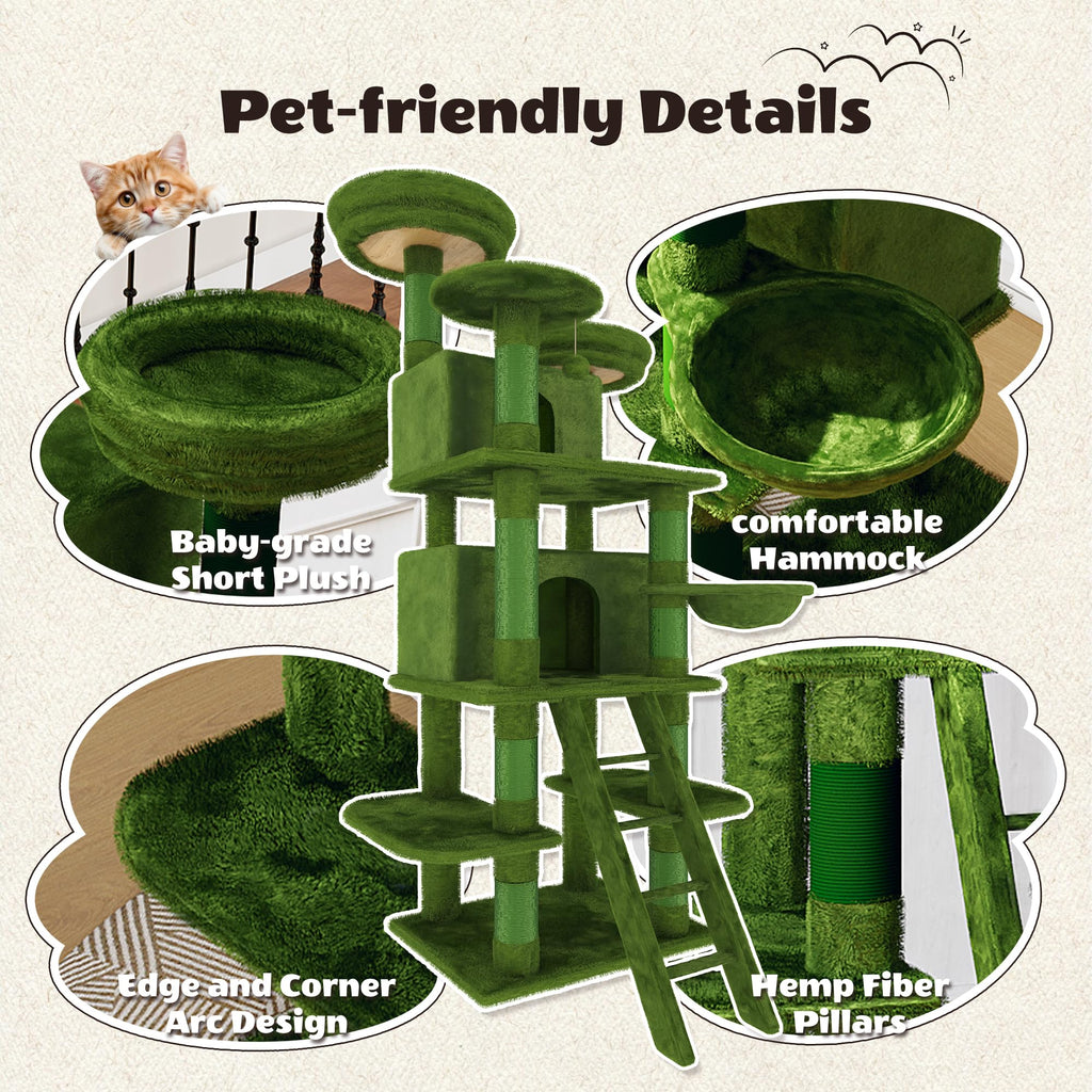 70.87" Green Multi-Level Cat Tree with Condos and Hammock U163563