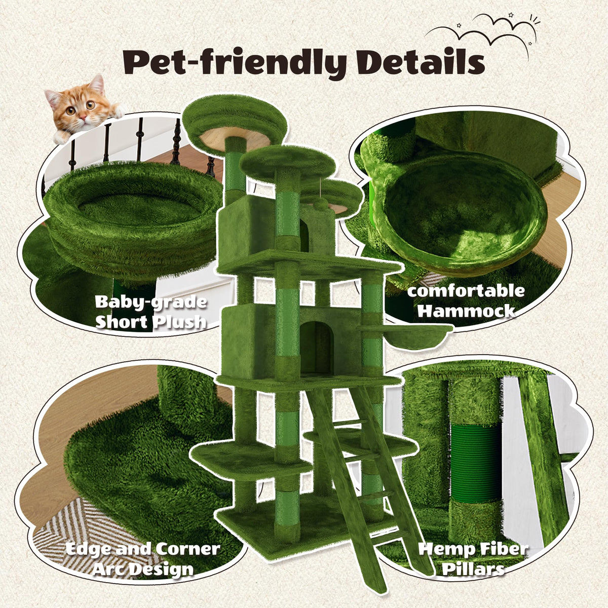 70.87" Green Multi-Level Cat Tree with Condos and Hammock U163563