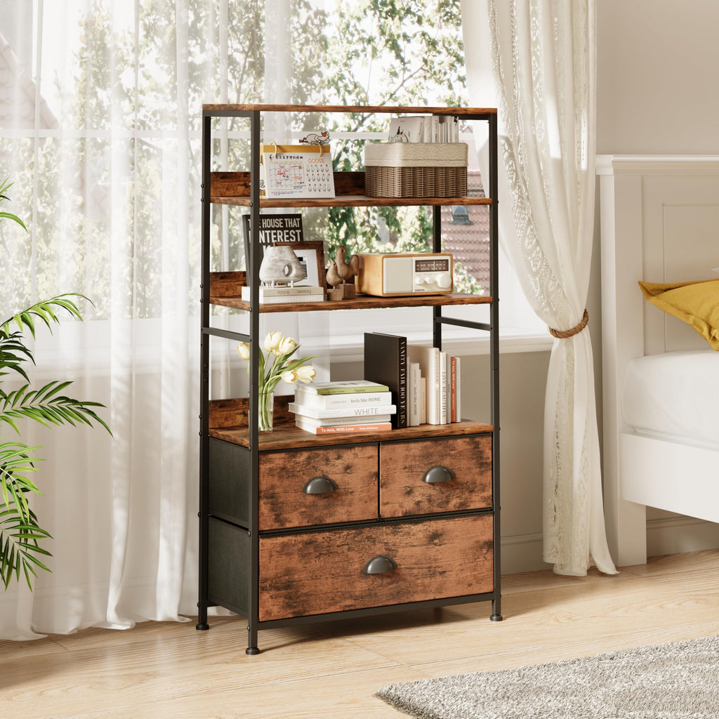 47-Inch 6 Tier Wood and Metal Bookshelf with 3 Fabric Drawers A897