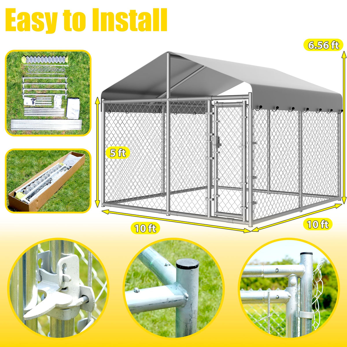 10 x 10 x 6.56 ft Galvanized Chain Link Dog Kennel with Roof N119283