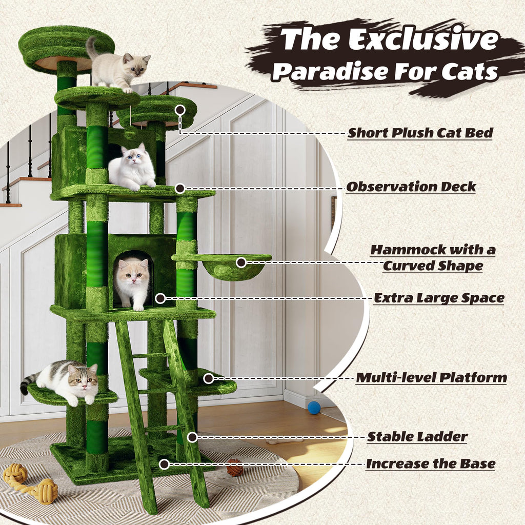 70.87" Green Multi-Level Cat Tree with Condos and Hammock U163563