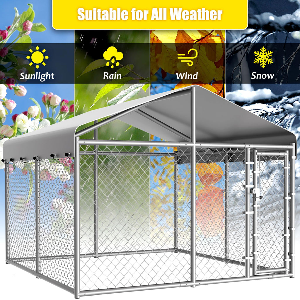 10 x 10 x 6.56 ft Galvanized Chain Link Dog Kennel with Roof N119283