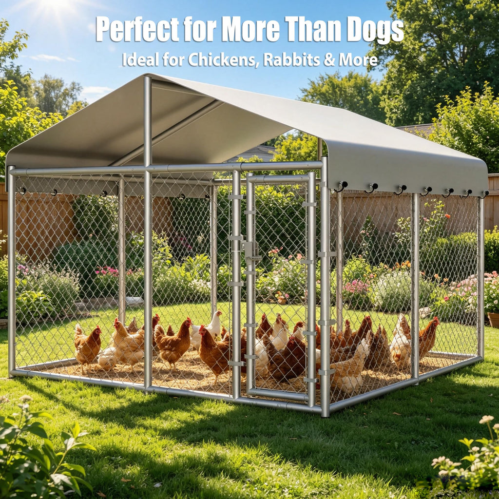10 x 10 x 6.56 ft Galvanized Chain Link Dog Kennel with Roof N119283