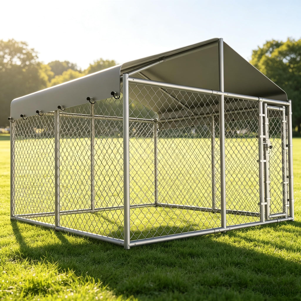 10 x 10 x 6.56 ft Galvanized Chain Link Dog Kennel with Roof N119283
